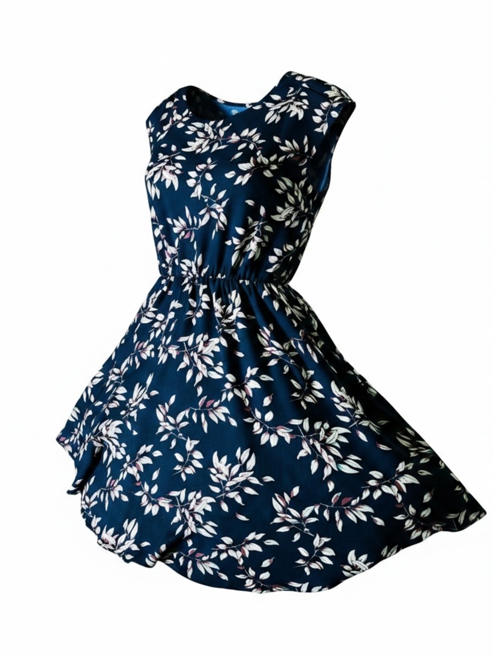 Comfortable Workwear A line Stretchy Flowy Navy Floral Leaf Print Dress